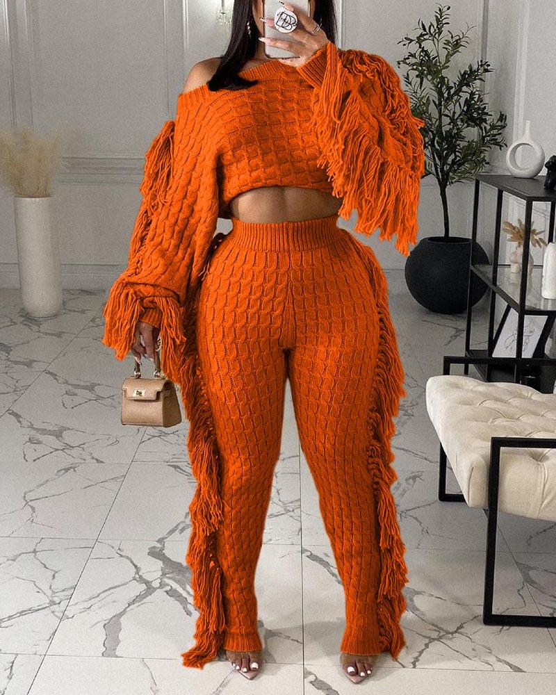 

Fringe Trim Long Sleeve Cable Knit Crop Top & Pants Set, Orange