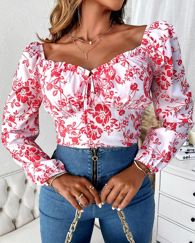 

Floral Print Puff Sleeve Frill Hem Tied Detail Top, Red