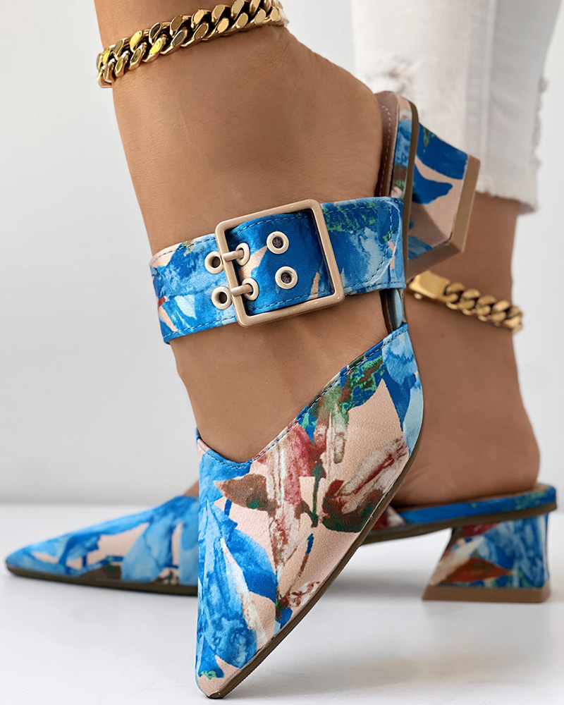 

Plants Print Buckled Point Toe Chunky Sandals, Blue