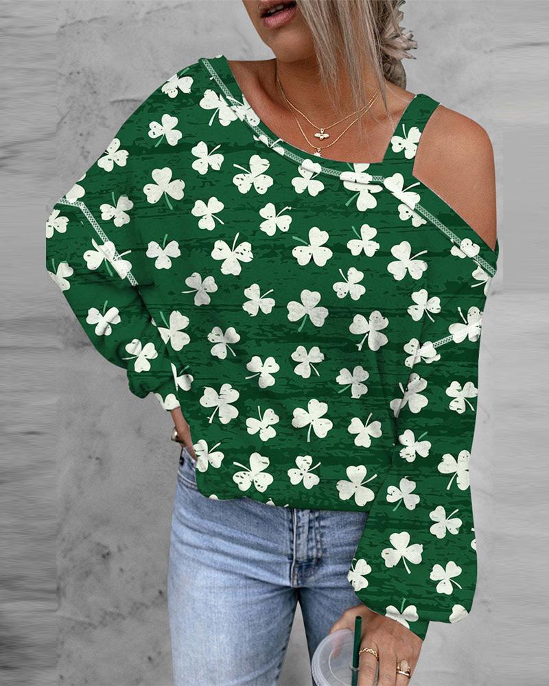

St. Patrick' Day Lucky Shamrock Print Cold Shoulder Top, Green