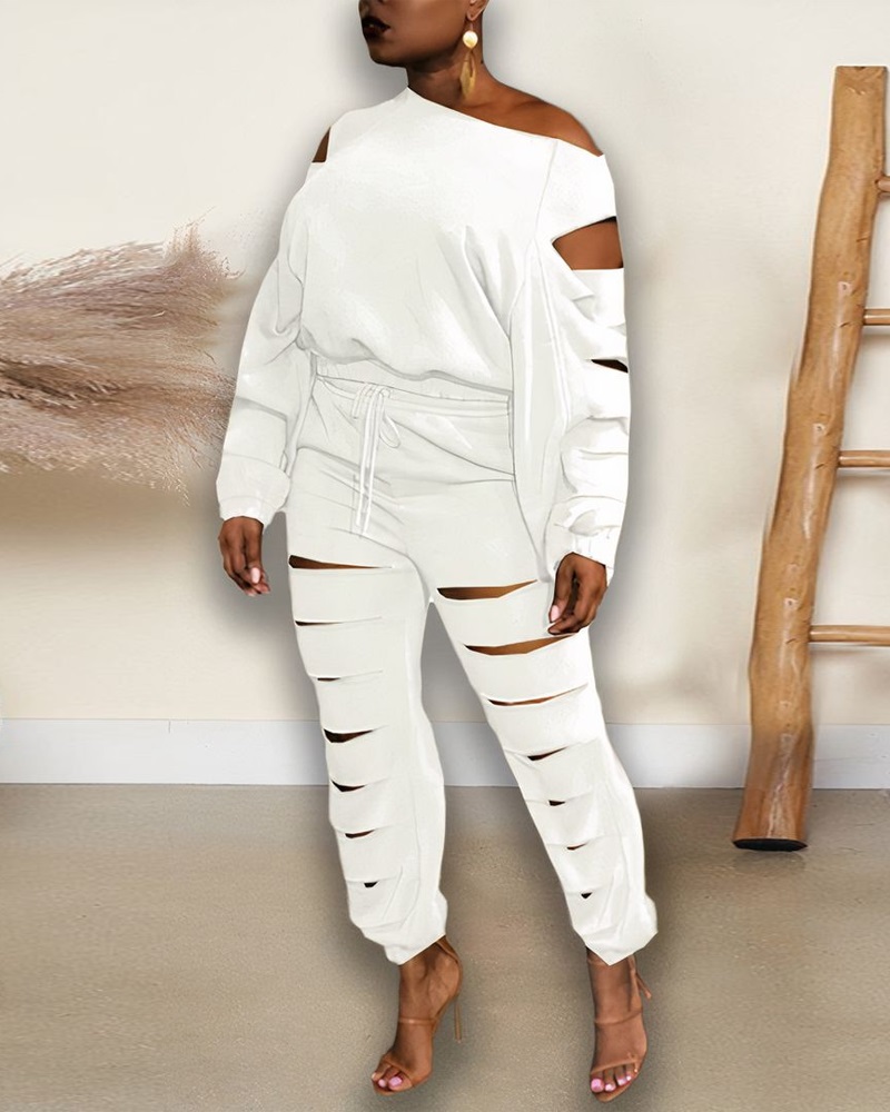 

Ladder Cutout Long Sleeve Top & Drawstring Pants Set, White