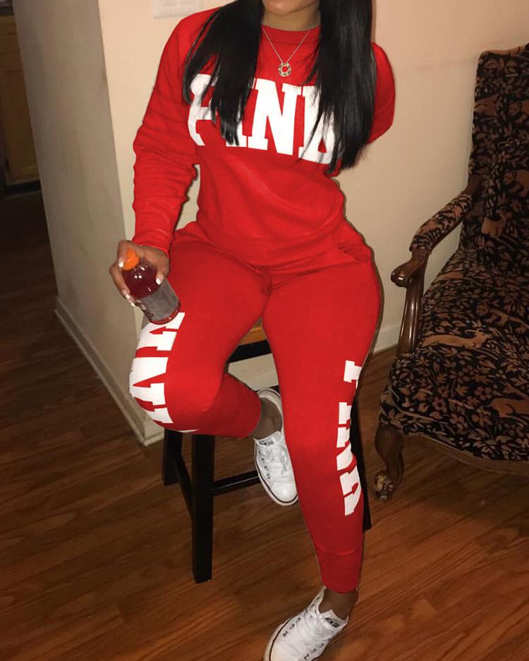 

Trendy Letter Print Sweatshirt Tracksuit, Red