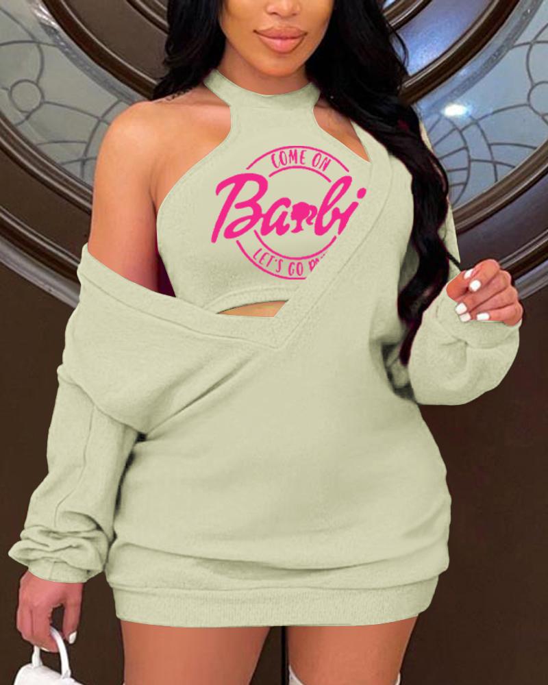 

Come On Barbie Let' Go Party Print Casual Dress & Crop Tank Top, Green