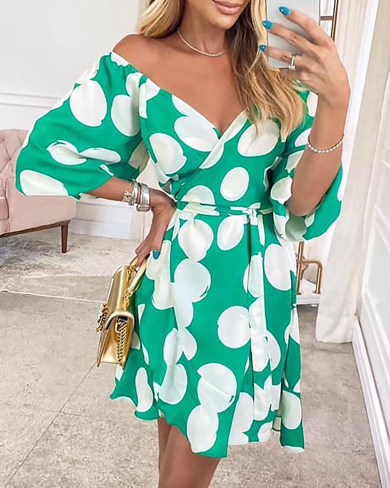 

V-Neck Lantern Sleeve Dress With Belt, Style2