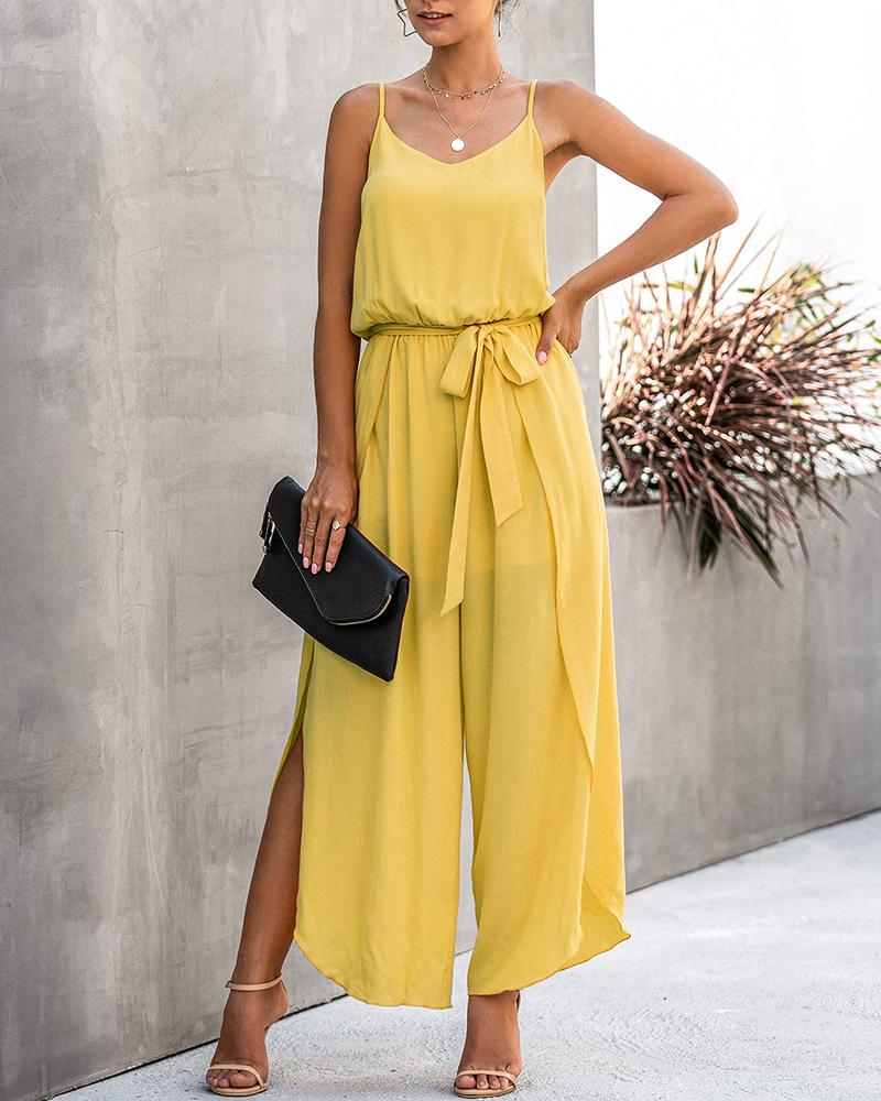 

Spaghetti Strap Slit Wide Leg Tied Detail Jumpsuit, Yellow