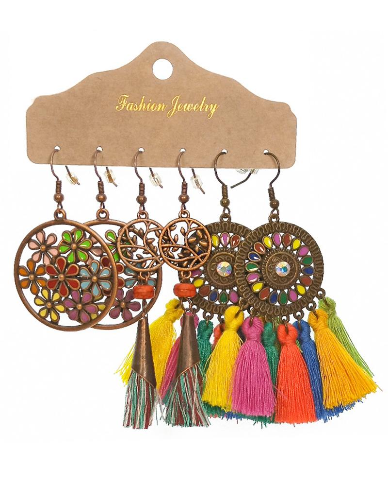 

3Pairs Bohemian Tribal Hollow Out Geometric Tassel Earrings Set, Style1