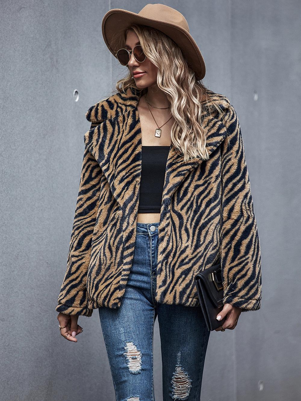 

Tiger Print Pocket Design Teddy Coat, Coffee