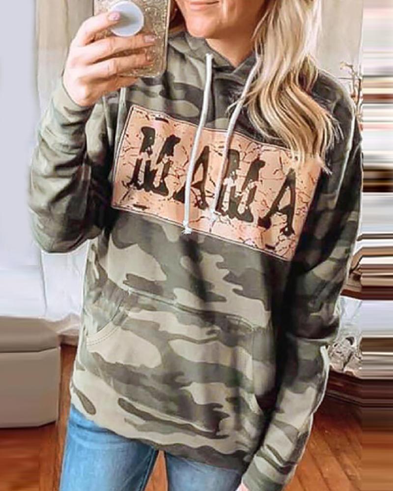 

Camouflage Print Pocket Design Long Sleeve Hoodie, Green