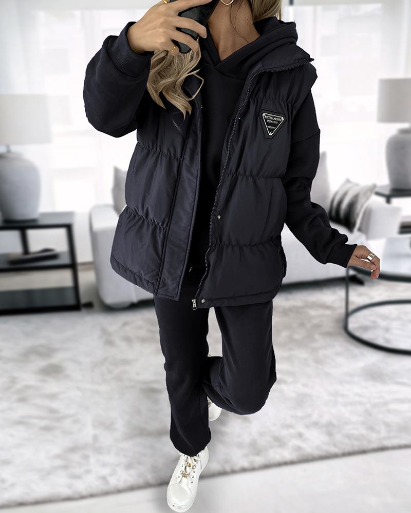 

Pocket Design Hooded Sweatshirt & Cuffed Sweatpants Set With Vest Puffer Coat, Black