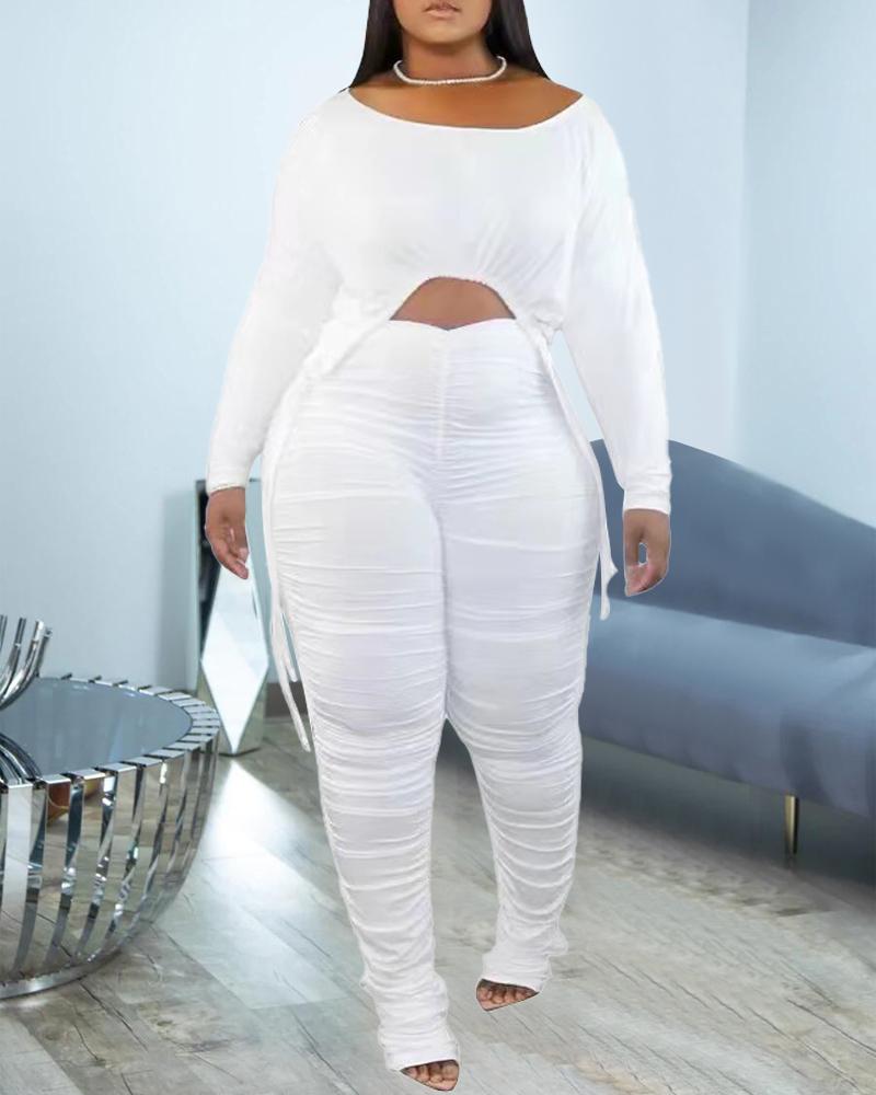 

Plus Size Drawstring Crop Top & Ruched Pants Set, White