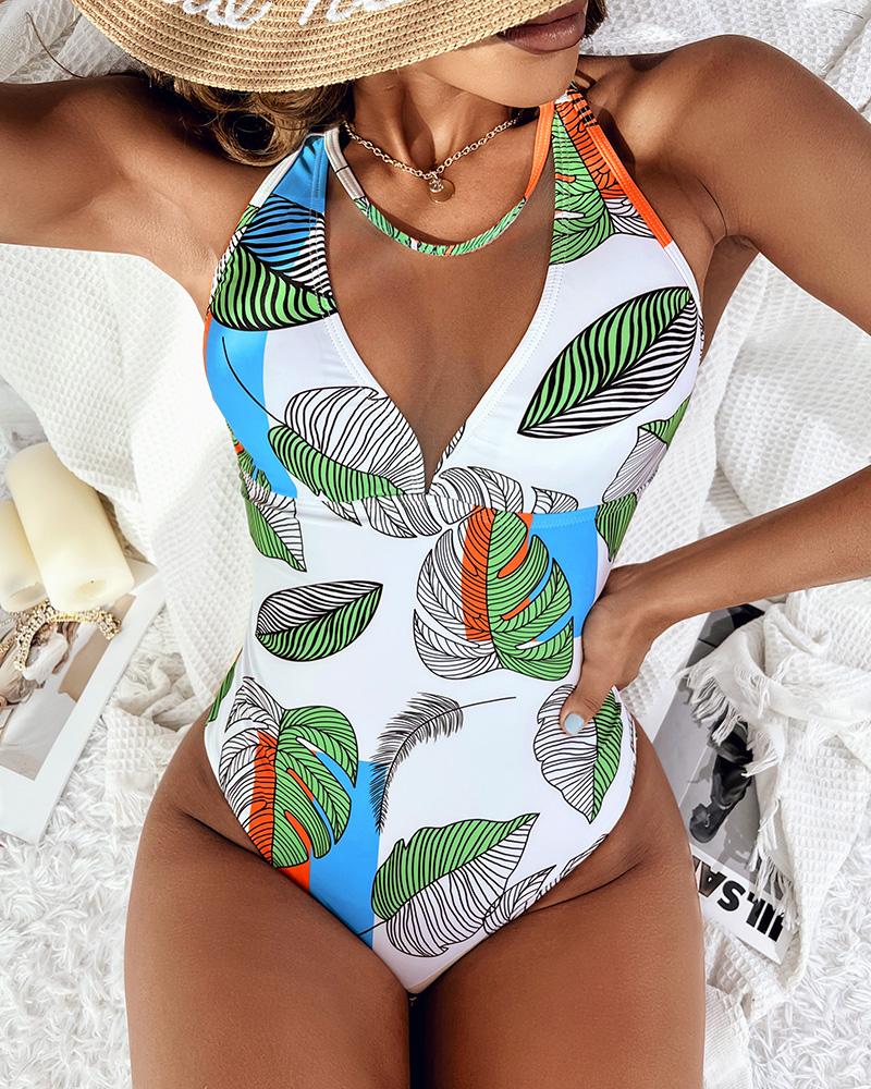 

Plants Print Crisscross Backless One Piece Swimsuit, Multicolor