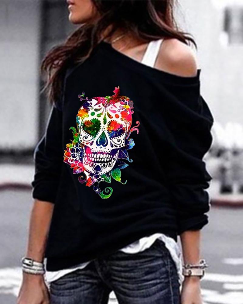 

Skull Print Long Sleeve Casual Sweatshirt, Black