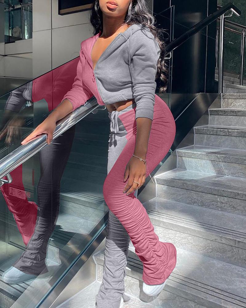 

Colorblock Hooded Top & Ruched Slit Pants Set, Pink