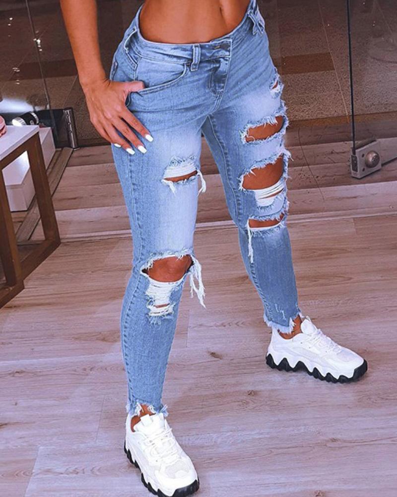 

Fringe Hem Cutout Distressed Denim Pants, Light blue