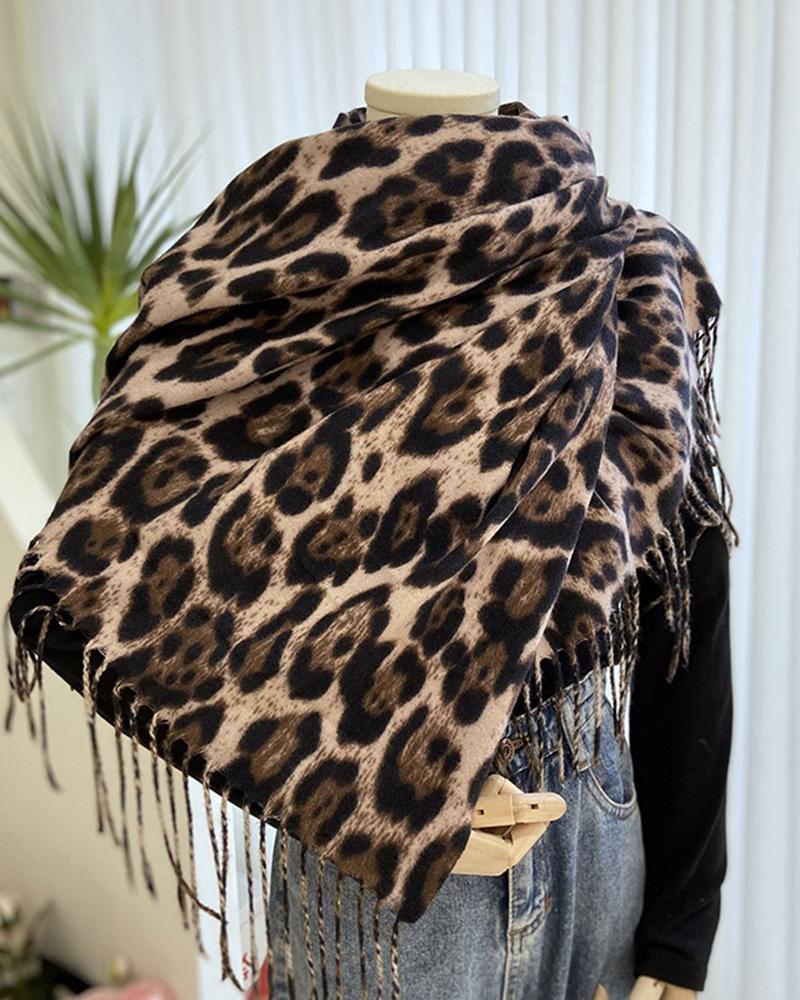 

Leopard Tassel Design Thermal Scarf, Khaki