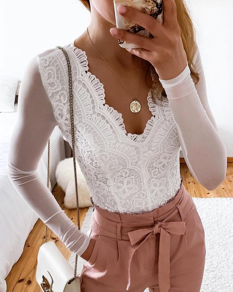 

Guipure Lace Sheer Mesh Skinny Top, White