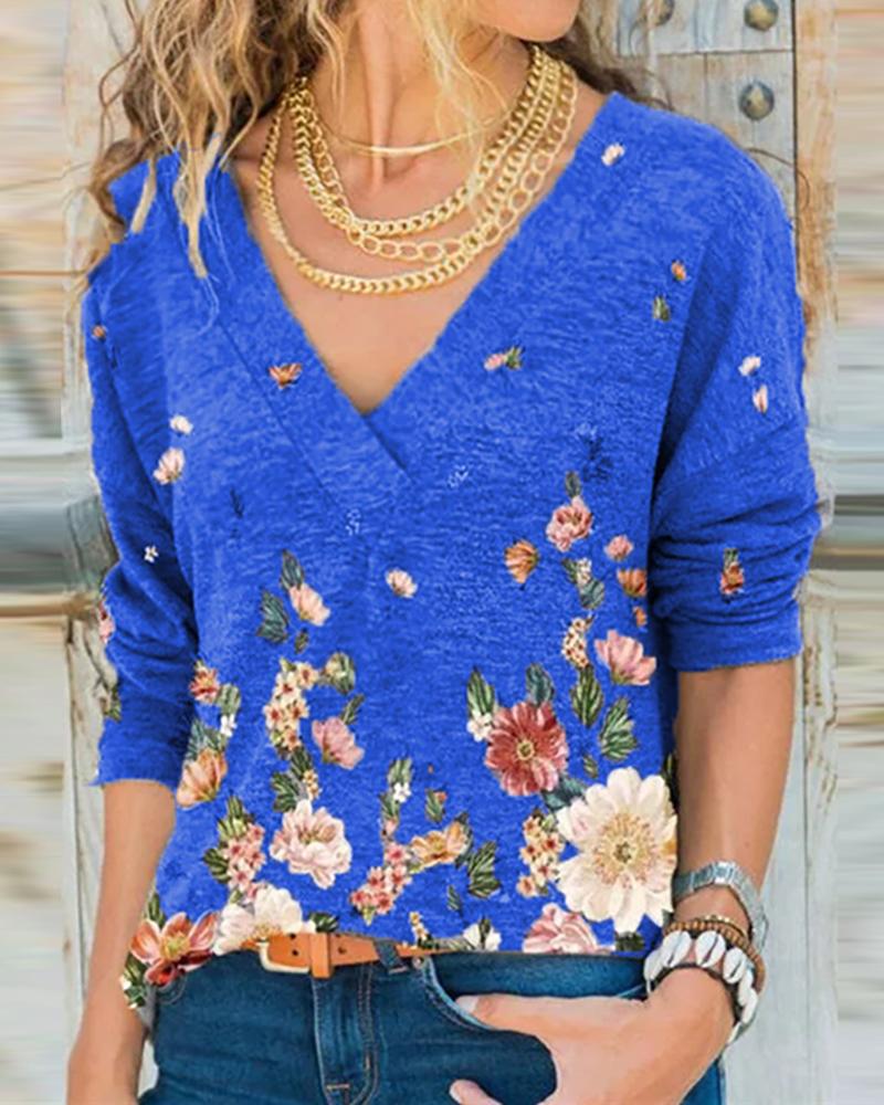 

Floral Print Long Sleeve V-Neck Top, Blue