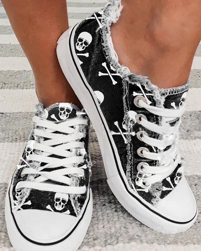 

Halloween Skull Print Fringe Hem Canvas Shoes, Black