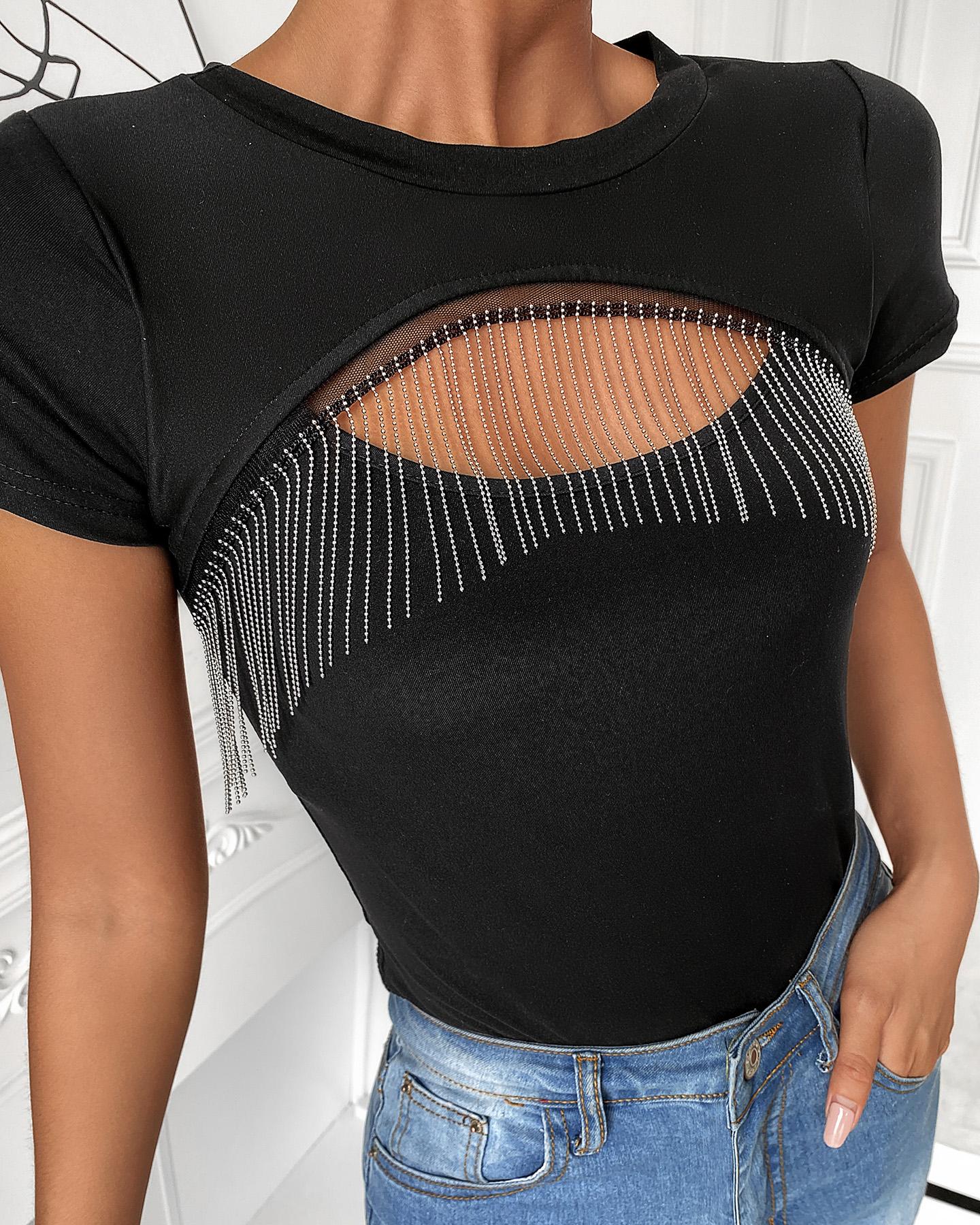

Cutout Tassel Design Short Sleeve Top, Black