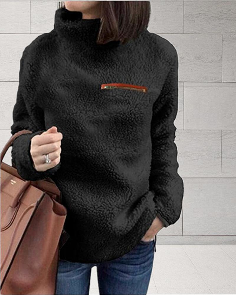 

Zipper Detail High Neck Teddy Sweatshirt, Black