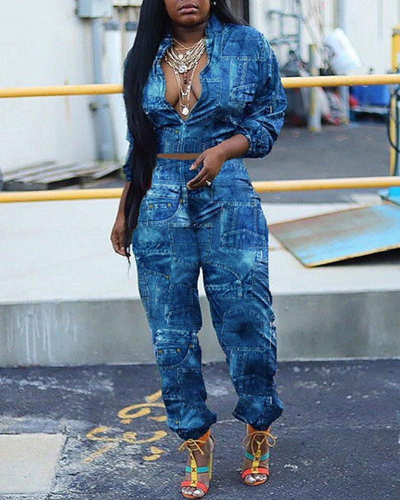 

Denim Print Zipper Design Coat & Pants Set, Blue