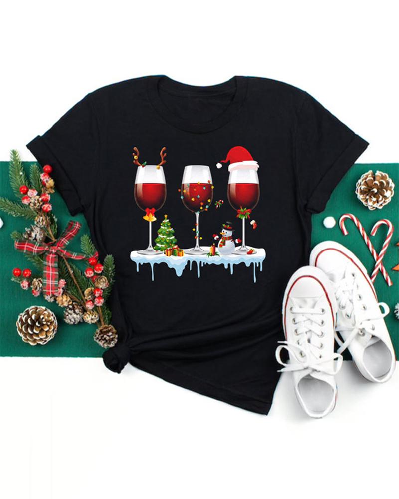 

Christmas Wine Glasses Print Short Sleeve Top, Style2