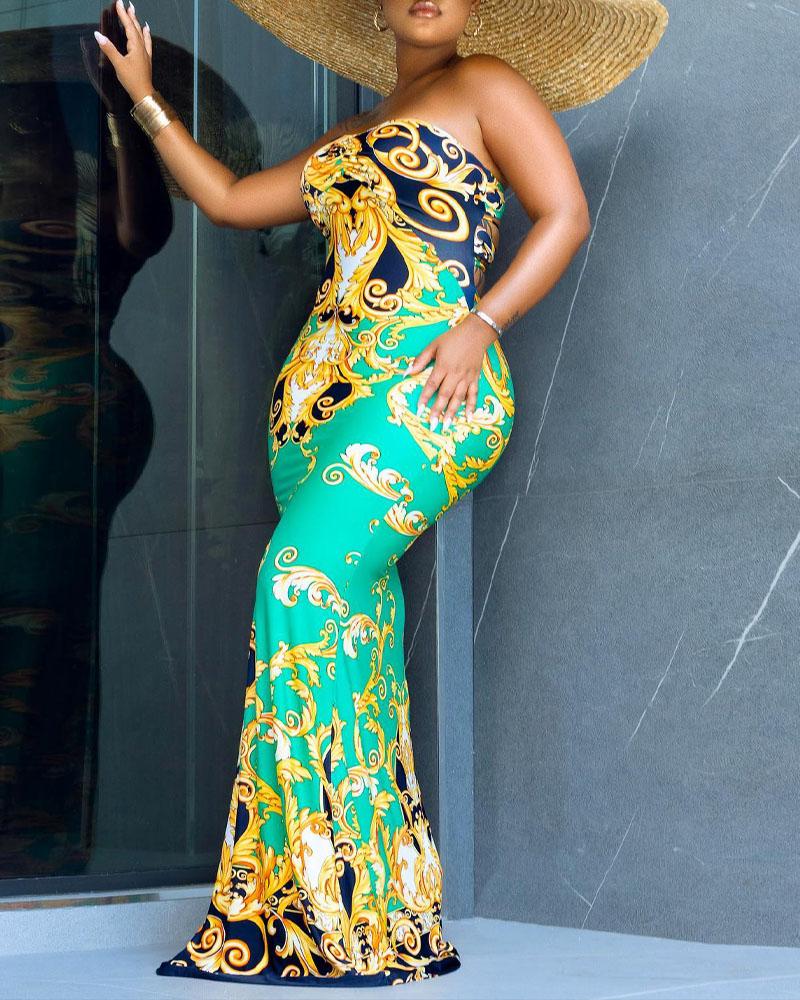 

Vintage Baroque Print Bandeau Maxi Dress, Green