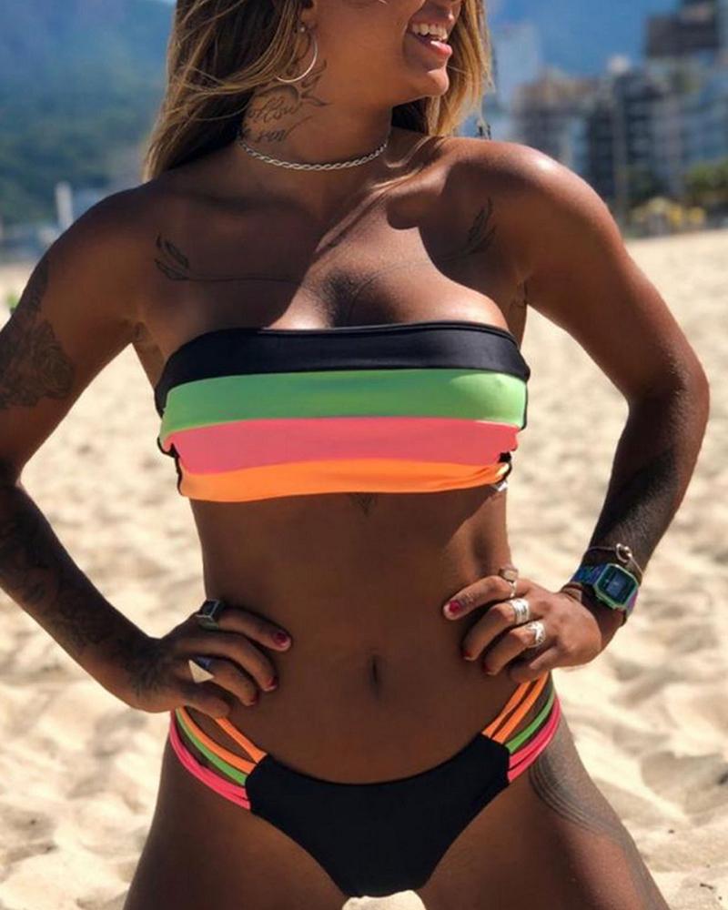

Bandeau Striped Print Strappy Bikini Set, Multicolor