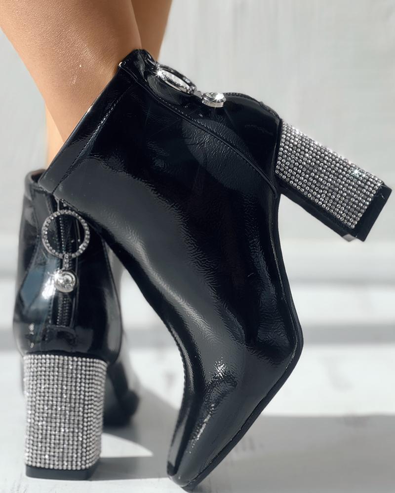 

Zipper Design Rhinestone Chunky Heel Martin Boots, Black