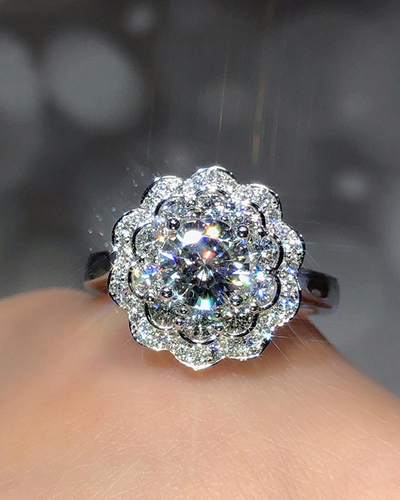 

1pcs Floral Shaped Rhinestone Decor Ring, Silver