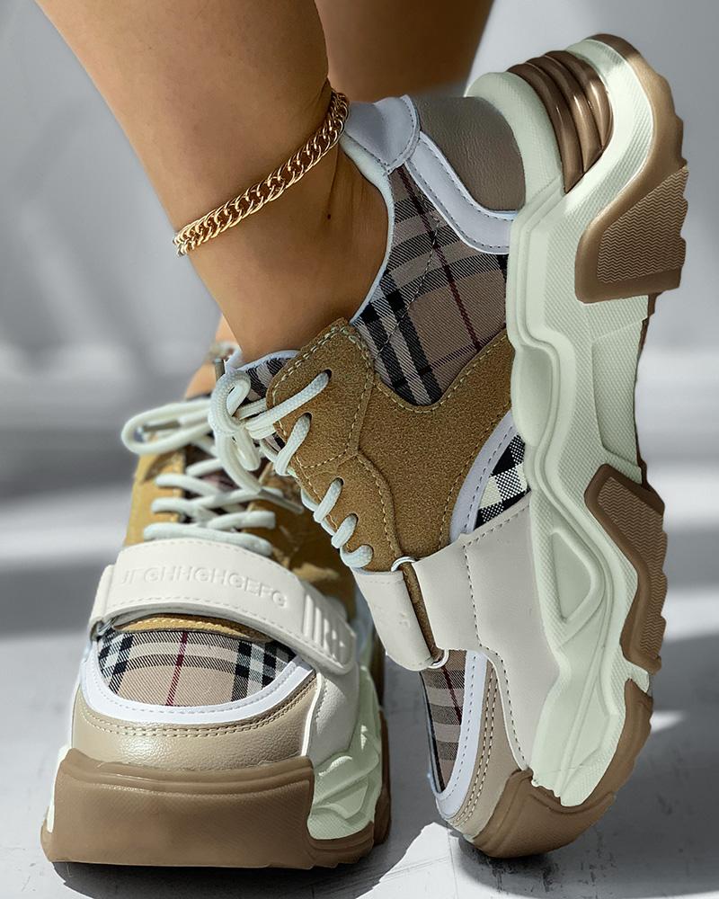 

Plaid Print Velcro Lace-up Muffin Sneaker, Khaki