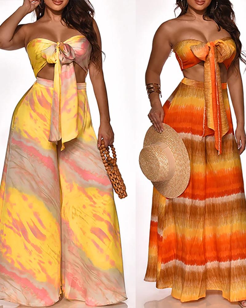 

Colorblock Knotted Bandeau Crop Top & Wide Leg Pants Set, Yellow