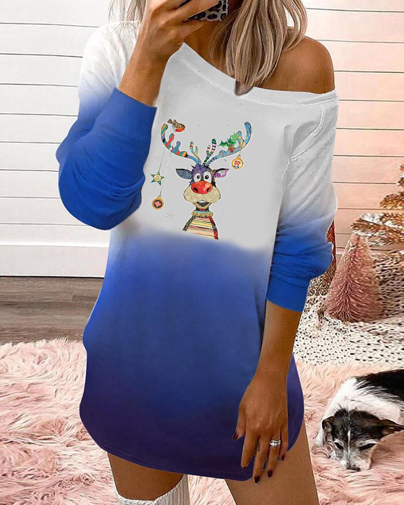 

Christmas Elk Print Colorblock Long Sleeve Top, Blue