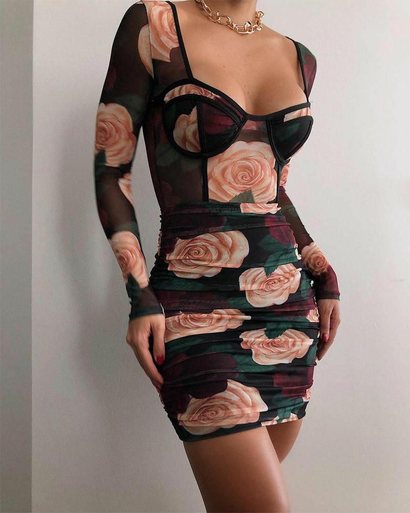 

Floral Print Long Sleeve Skinny Waist Mini Women Dress, Multicolor