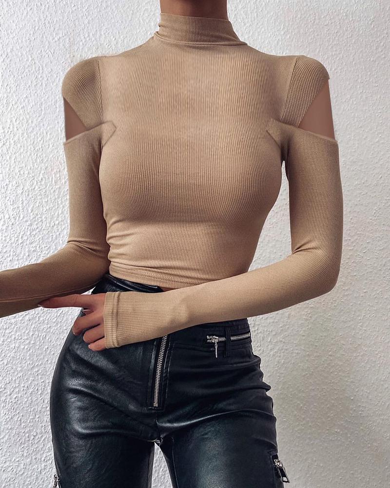 

Cutout Plain Long Sleeve Top, Khaki