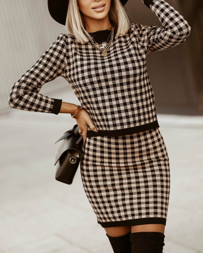 

Plaid Print Long Sleeve Top & Skirt Set, Khaki