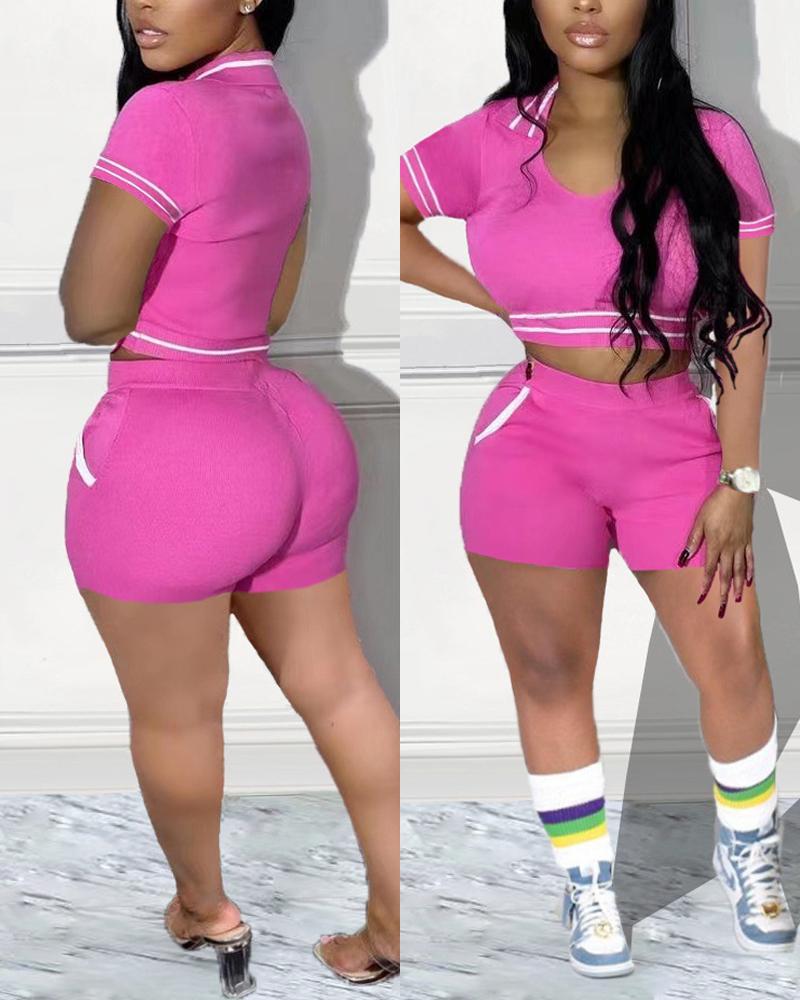 

V-Neck Striped Crop Top & Shorts Set, Pink