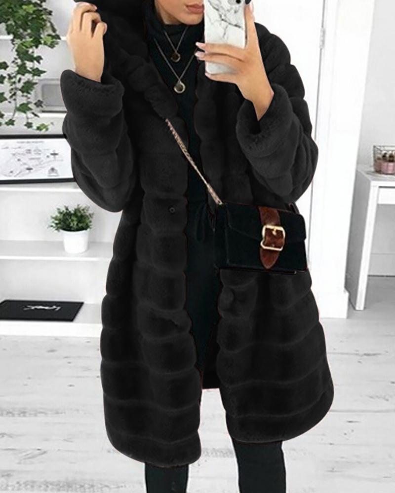 Buy Pocket Deign Long Sleeve Hooded Fuzzy Coat. Picture