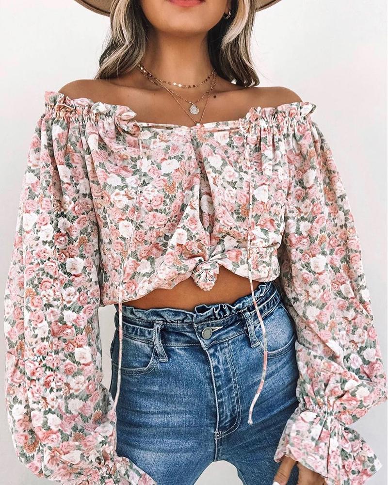 

Off Shoulder Ditsy Floral Print Long Sleeve Blouse, Pink