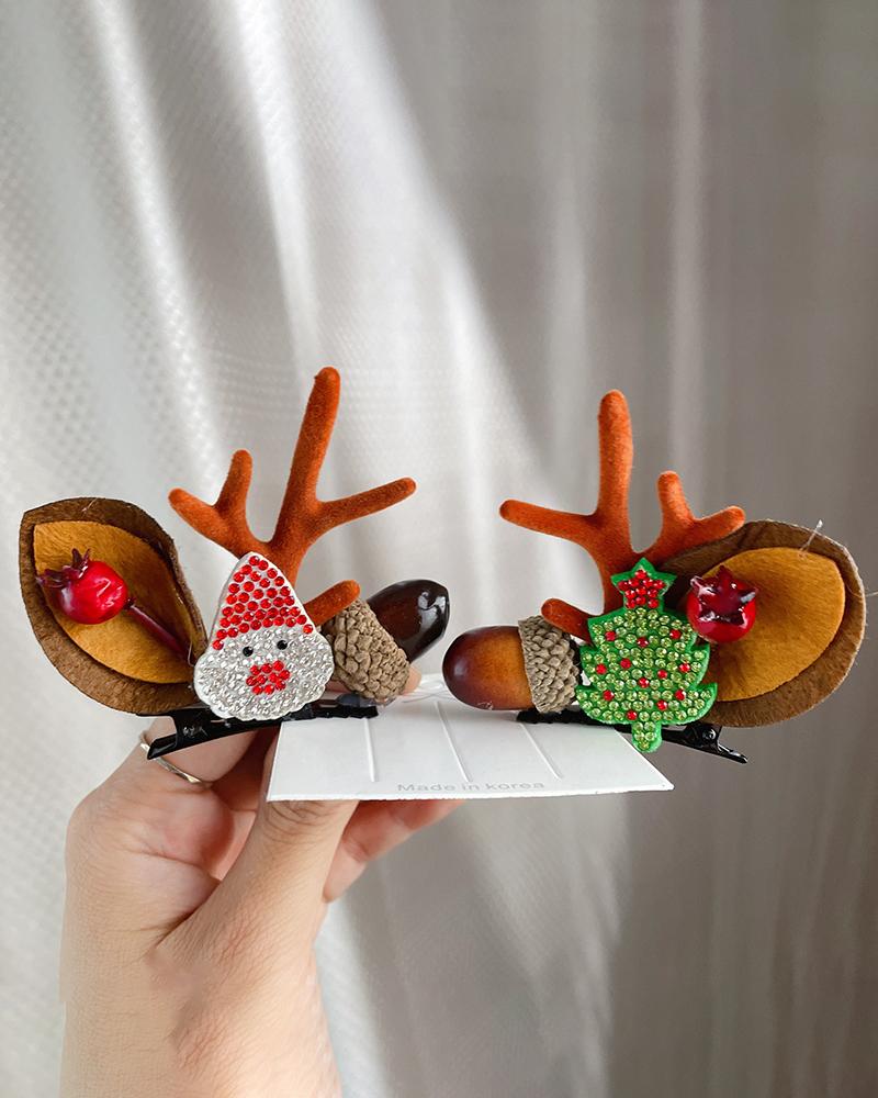 

2pcs Christmas Rhinestone Antler Decor Hair Clip, Style9