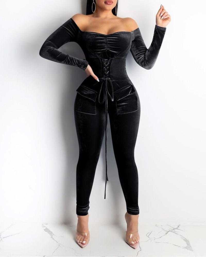

Solid Long Sleeve Lace-up Jumpsuit, Black
