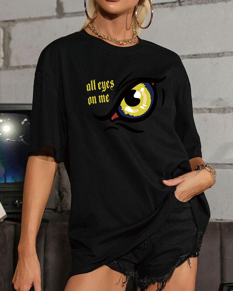 

Eye Print Short Sleeve Loose T-shirts, Black