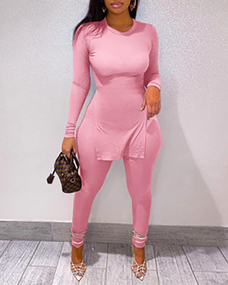 

O-Neck Slit Long Sleeve Top & High Waist Pants Set, Pink