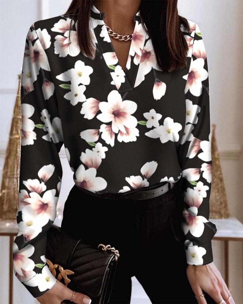 

Floral Print V-Neck Long Sleeve Casual Top, Black