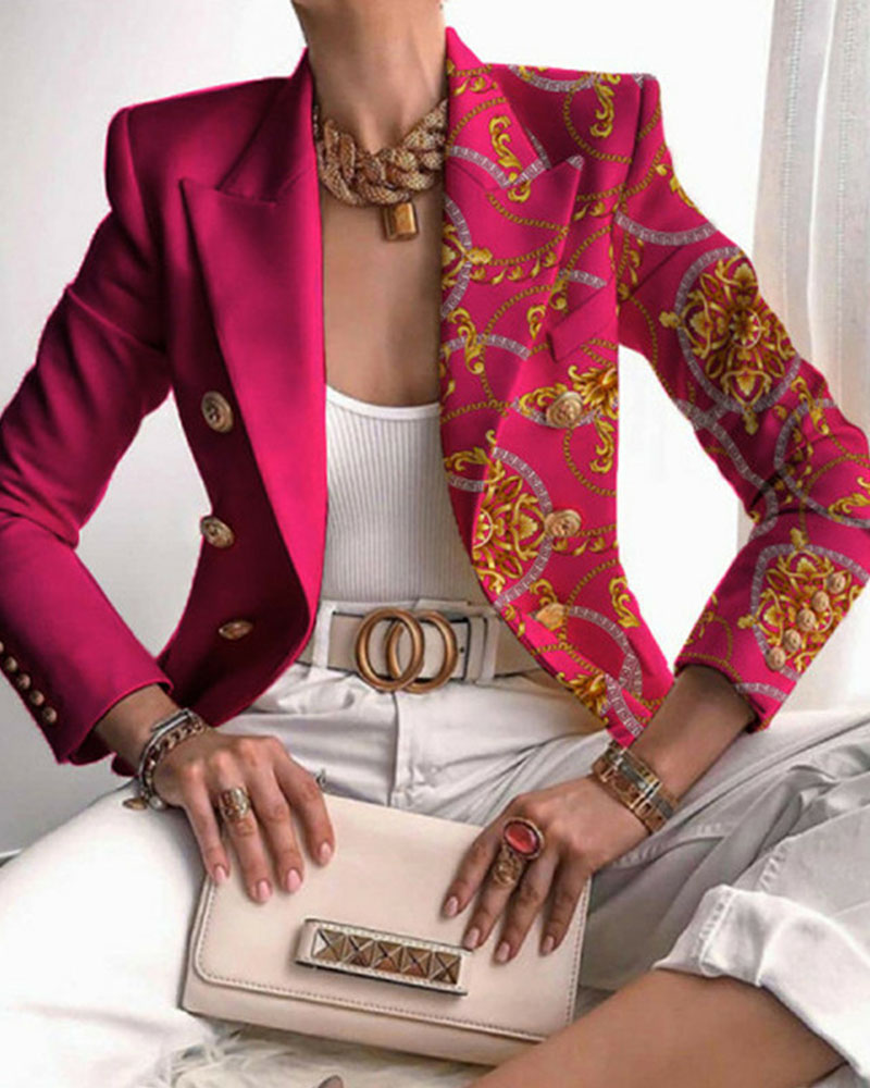 

Baroque Print Long Sleeve Double Breasted Blazer, Hot pink
