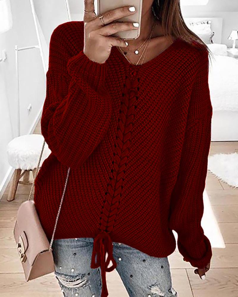 

Eyelet Lace-up Knitt Casual Sweater, Wine red