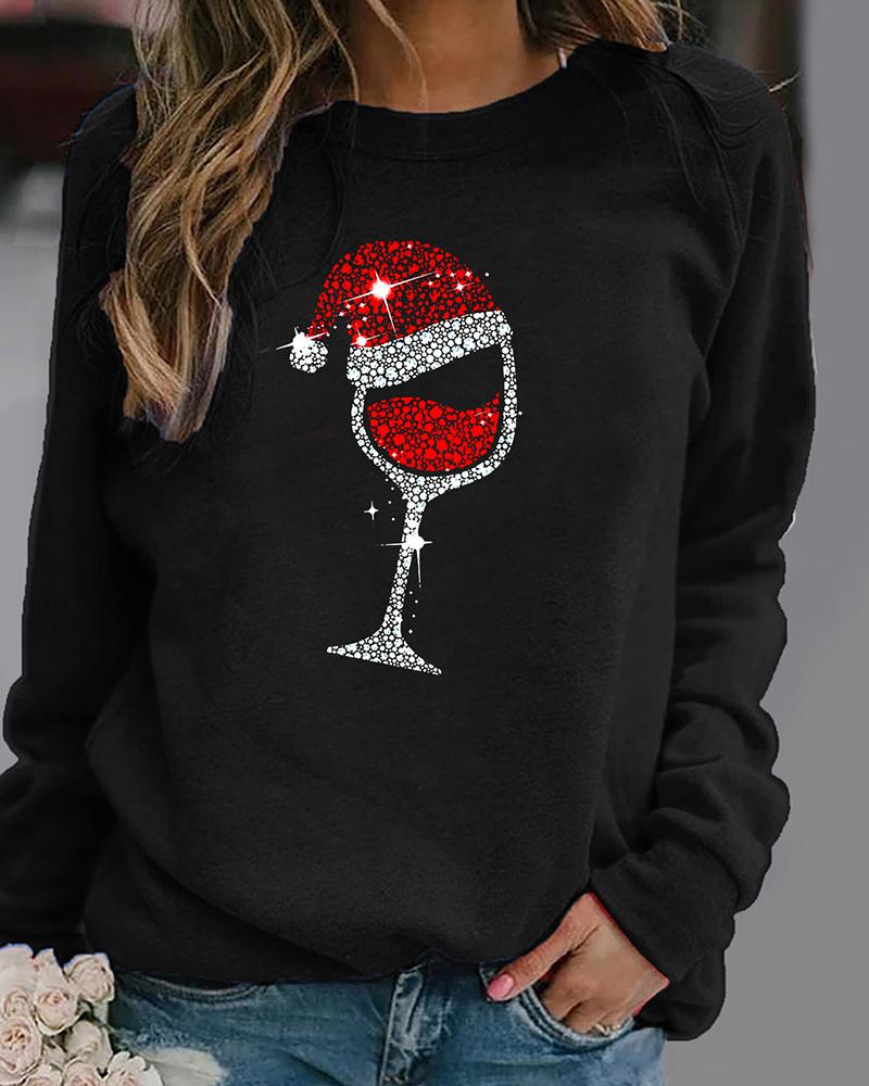 

Christmas Print Sequins Long Sleeve Sweatshirt, Black