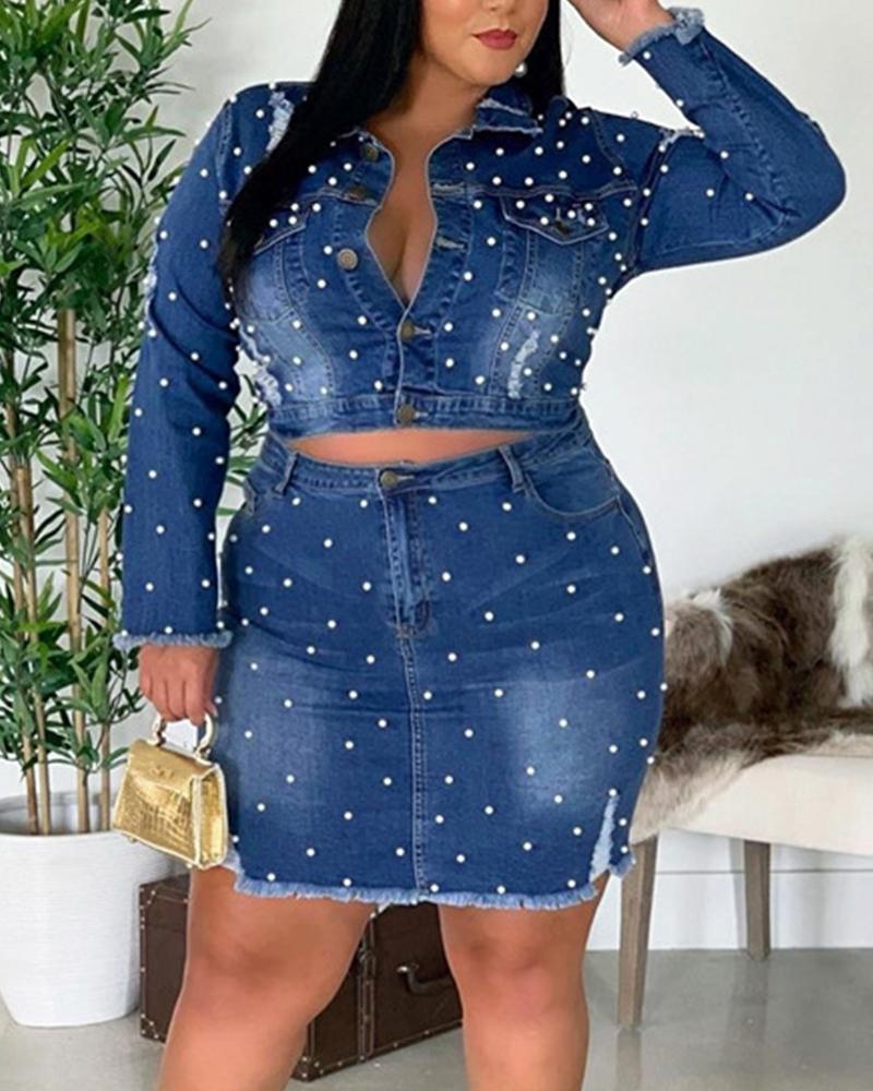 

Plus Size Beaded Ripped Raw Hem Denim Coat & Skirt Set, Dark blue