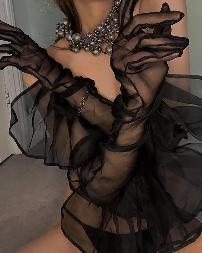 

Sheer Mesh Ruffles Plain Gloves, Black