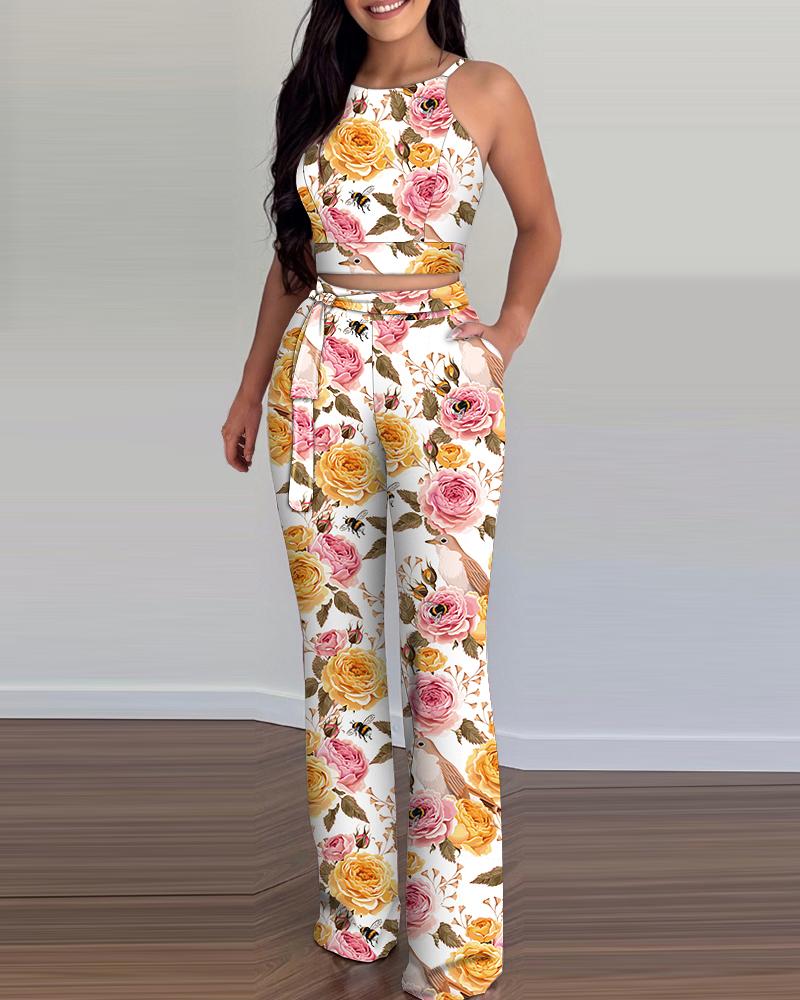 

Floral Print Crop Cami Top & Pants Set With Belt, Multicolor